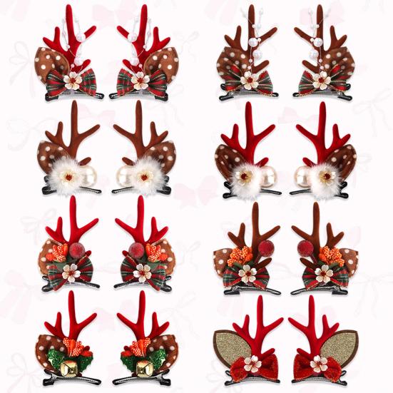 1 Pair Christmas Hairpins Holiday Antlers Design Faux Pearls Plush Ball Decor Hair Clips Christmas Party Photography Props