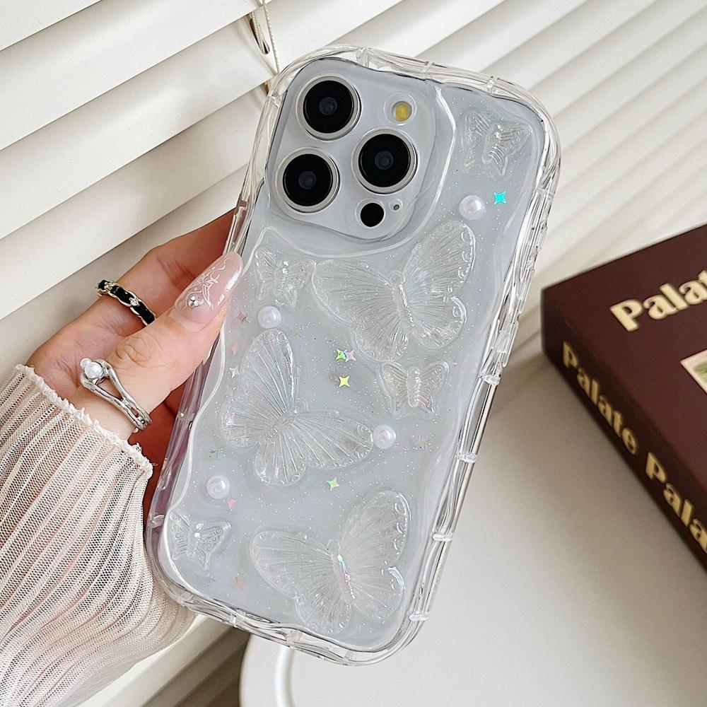 

Милый 3D Чехол с Бабочкой, Жемчугом и Лазерными Блестками для iPhone 16 15 14 13 12 11 Pro Max Plus, Прозрачный Мягкий Ударопрочный Чехол с Защитой Объектива For iPhone 13&Silicon