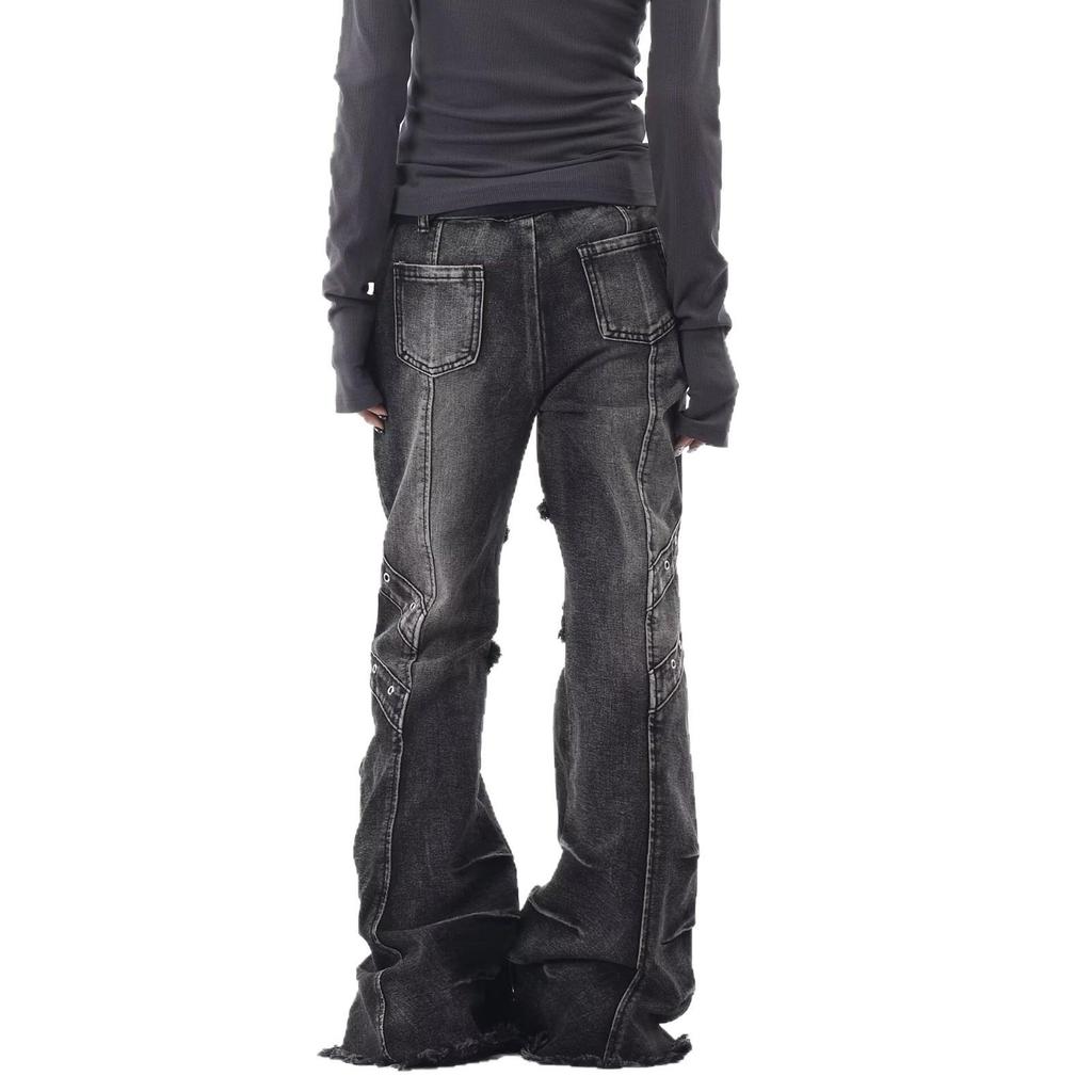 Women's Washed Micro-Flare Jeans with Frayed Edges and 3D Pockets