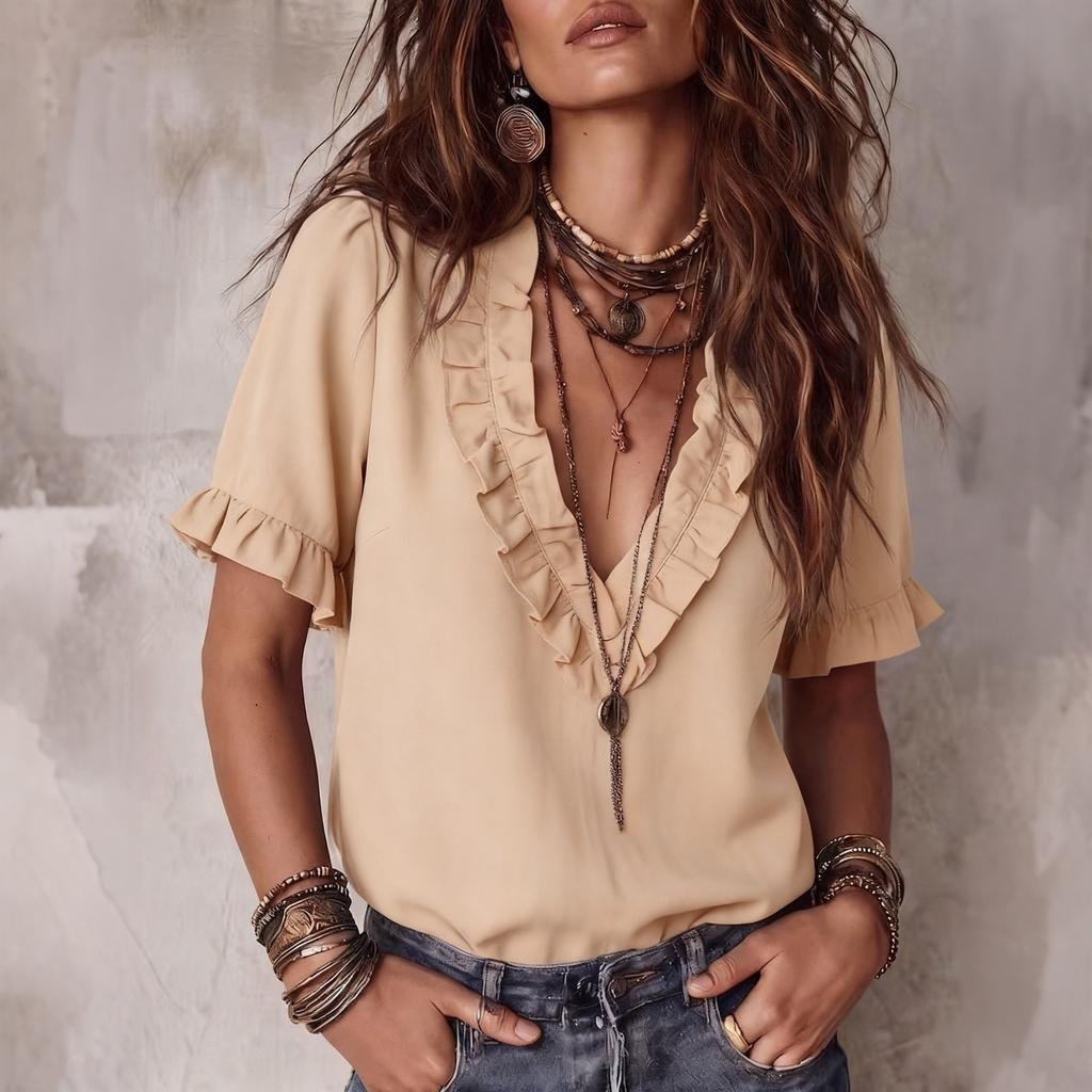 Women's Casual V Neck Pleated Blouse Short Sleeve Lightweight Relaxed Fit Top for Everyday Wear Summer Fashion