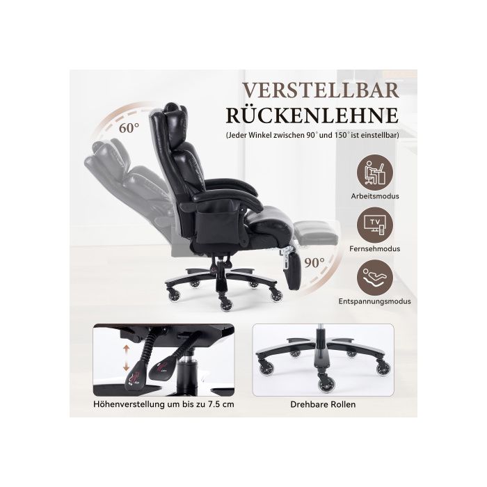 Chaise de bureau ergonomique avec repose-pieds, pivotante à 360 degrés, dossier réglable, supportant jusqu'à 150 kg (noire)