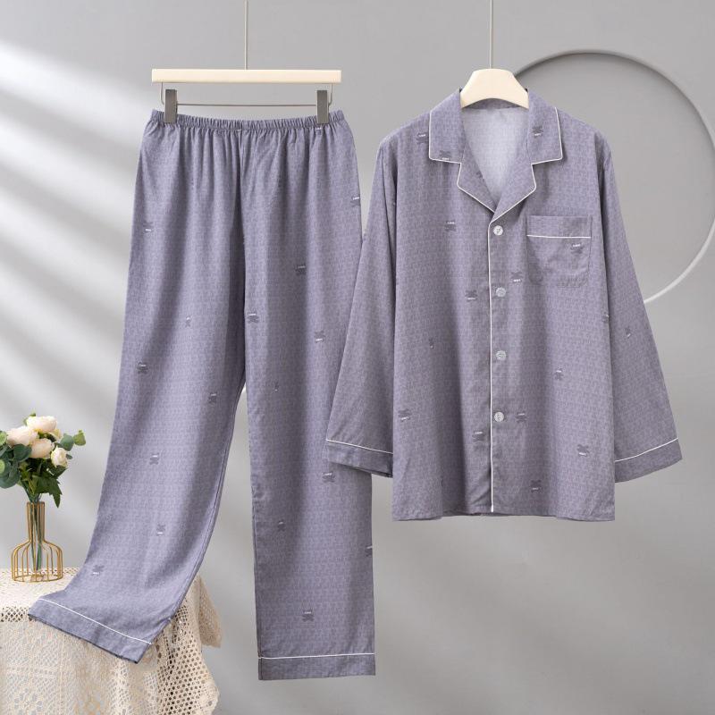 Men's Cotton Silk Long Sleeve Pajama Set, Plus Size, Cardigan, Wear Outdoors, Internet Trend, Pure Cotton, Simple & Comfortable Homewear