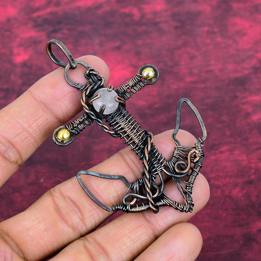 Rose Quartz Pendant Gemstone Jewelry Anchor Pendant Copper Wire Wrapped Jewelry