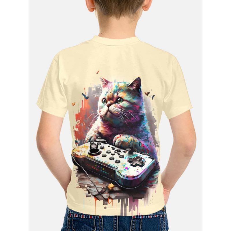 Short Sleeve T-shirt for a Boy Korean Cute Fluffy Gamer Cat Children's Clothes 2024 Kids Spring Clothes Tops Top Shirts T-shirty