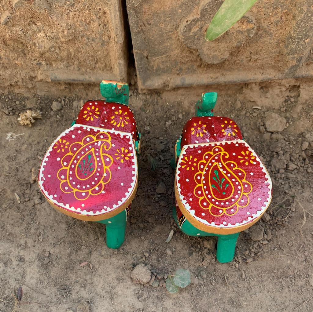 Hand Painted Wooden Elephant Stool Pair, Indian Folk Art Decorative Table