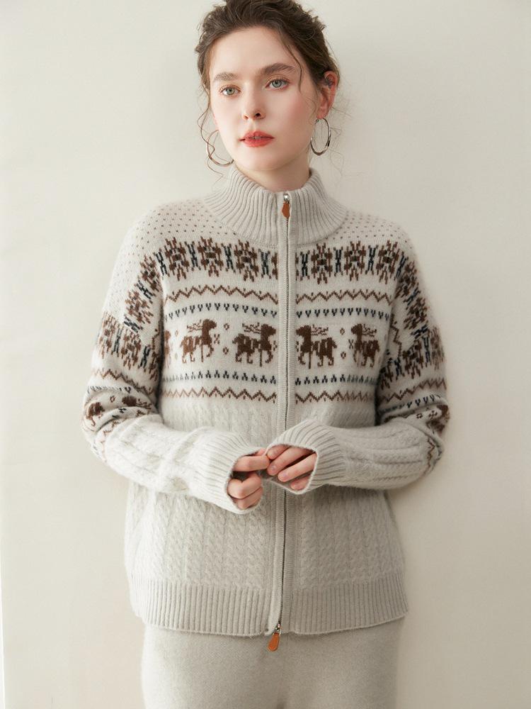Cárdigan de cachemir con cremallera y jacquard para mujer Otoño/Invierno 2026 con cuello semi-alto