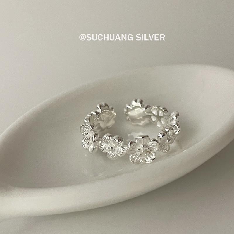 Women s S925 Sterling Silver Floral Ring & Earrings Set with White Hair Ear Cuff 925 Silver