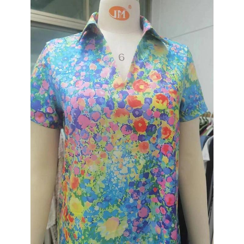 Dámské letní tištěné šaty s krátkým rukávem a výstřihem do V