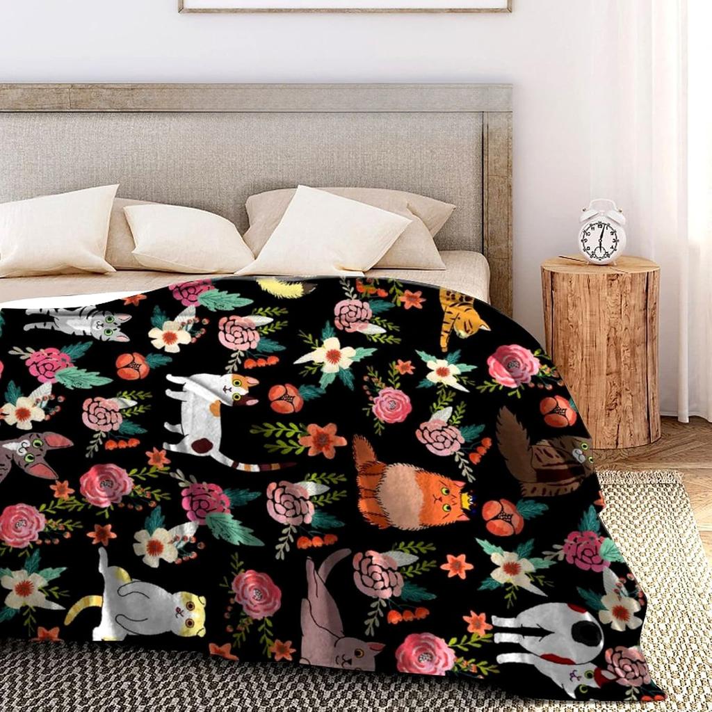 Cat Flower Digital-printed Polyester Bedroom Velvet Flannel Soft Sofa Cover Blanket Fleece Soft Sofa Cover Blankets for Beds