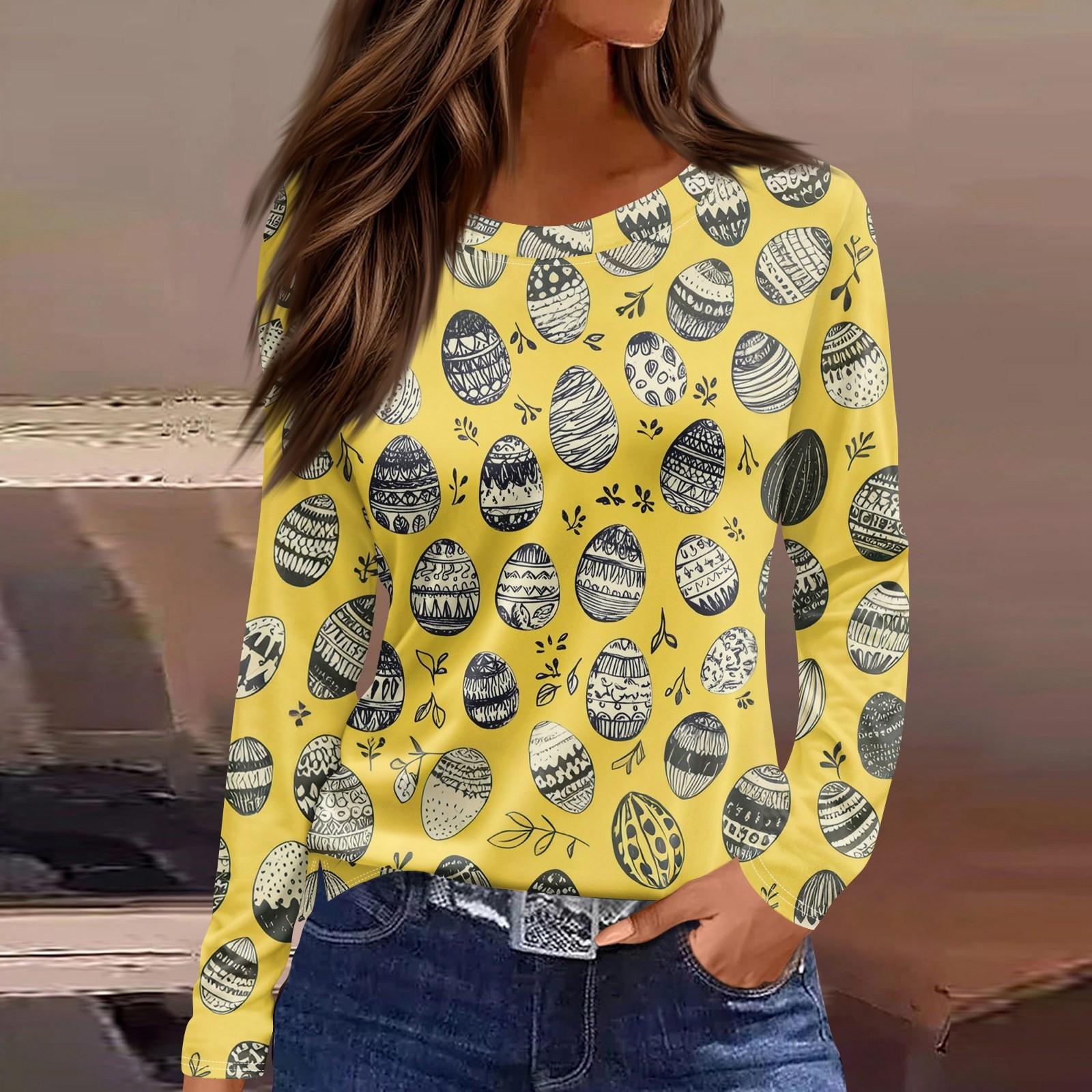 

Жіноча модна повсякденна футболка з розрізом і круглим вирізом з довгим рукавом і принтом. XL жовтий