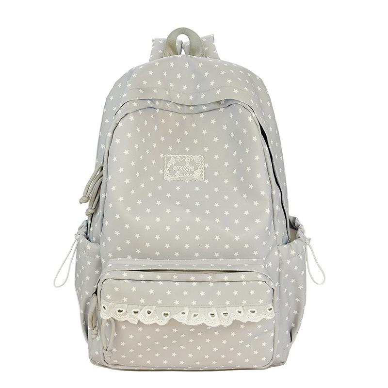 Zaino Grigio Nebbia con Ciondolo a Forma di Stella in Pizzo Borsa da Scuola Femminile Semplice a Pois Vento Gentile Zaino Grande Capacità per Studenti delle Scuole Medie