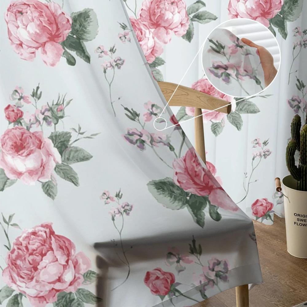 Pink Rose Flower Watercolor Tulle Curtains for Living Room Bedroom Decoration Chiffon Sheer Voile Kitchen Window Curtain