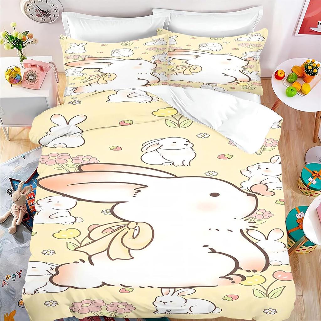 Cute Rabbit Bedding Set, Cartoon Bunny Duvet Cover for Kids Boys Girls, Rabbit Bedding Set Girl 2Pcs Comforter Cover Set