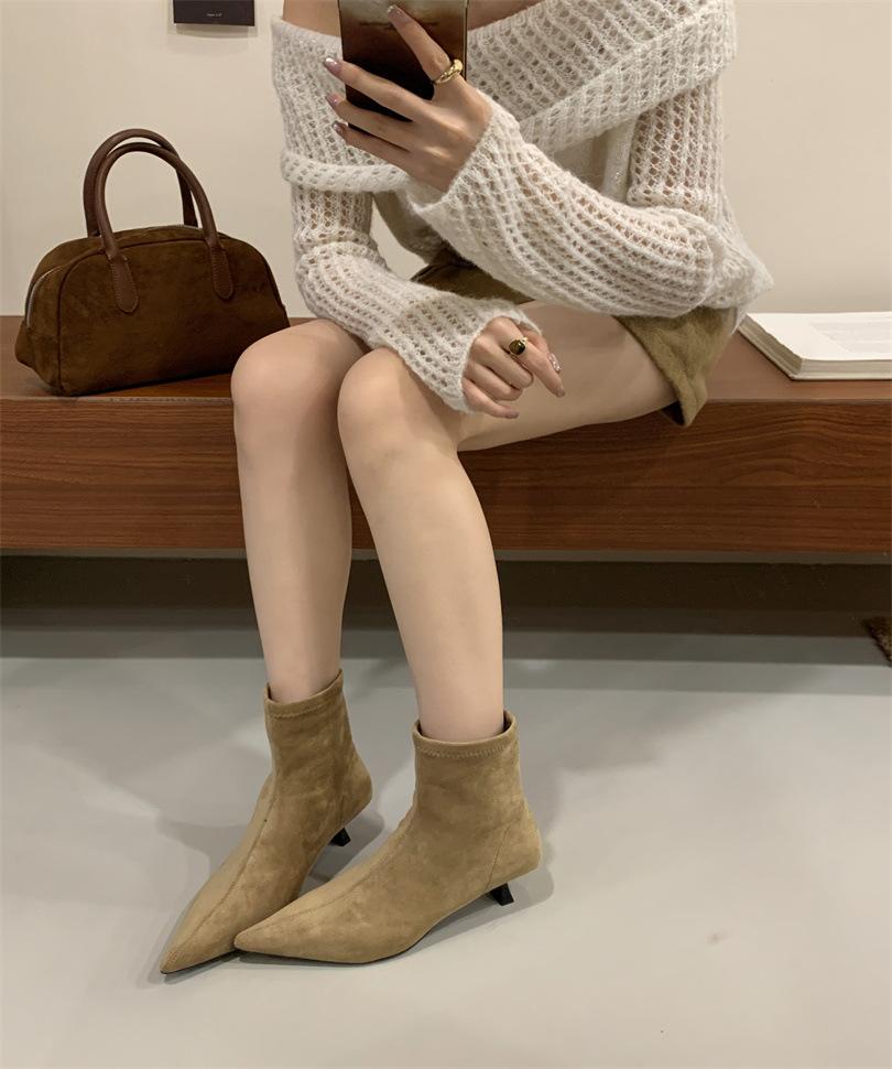 French pointed short boots women's 2025 autumn and winter new stiletto suede thin bare boots Internet celebrity elastic socks Martin boots