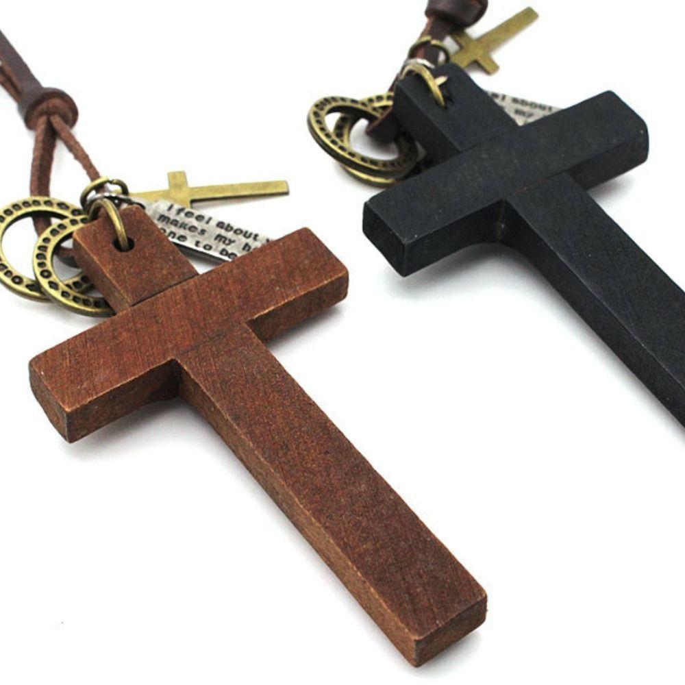 Metal Tags Wood Cross Necklace Religious Crucifix Pendant Chain Handmade Cross Necklace  Women
