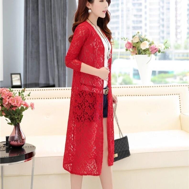 Sommer-Spitzenbluse Damen Übergröße Mittellang Dünne Schaljacke Sonnenschutzkleidung Offene Vorderseite Bluse