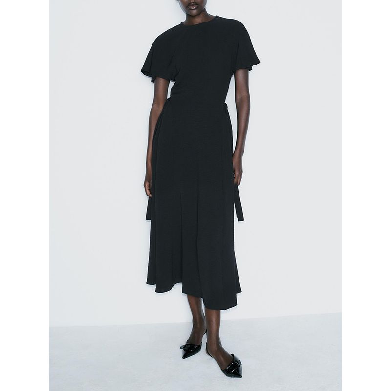 Za2024 Fall New Women's Clothing Casual Elegant Vertical Short Sleeve round-Neck Long Midi Skirt Dress 0264670