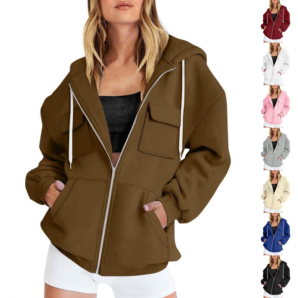 Women's Plain Zip-Up Hoodie - Oversized Long Sleeve Hooded Sweatshirt for Street Casual Wear