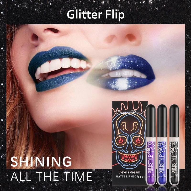 Halloween Three-piece Sequin Lip Glaze Box Non-stick Cup Lipsticks Glitter Pearl Stage Lip Gloss Set Is Perfect for Parties