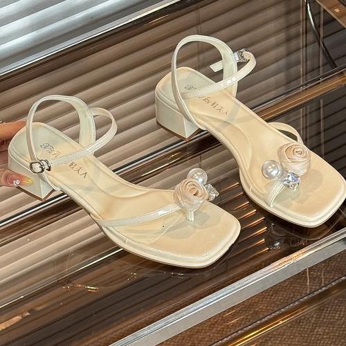 Set of toe high-heeled sandals for women's 2025 summer new French black flower with skirt thick heel leaking toe fashion sandals