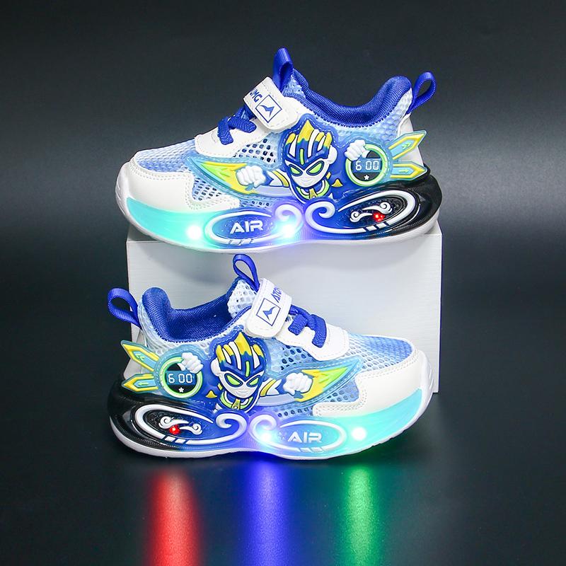 

Крутые мультяшные милые детские туфли для мальчиков, сетчатые модные светящиеся светодиодные красочные детские туфли, милые детские кроссовки 33 синий