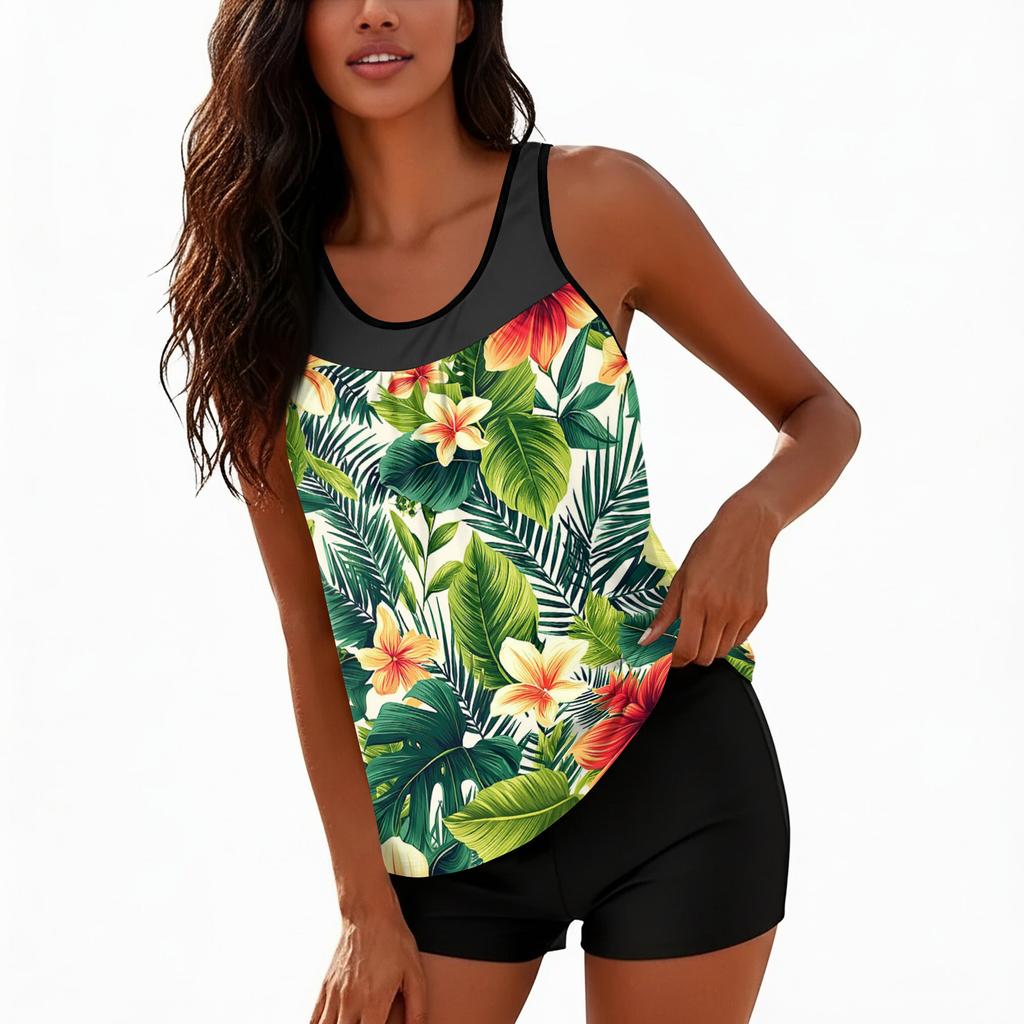Women’s Tankini Swimsuit Set with Tropical Floral Print and Boyshorts Two Piece Swimwear for Beach Pool Vacation
