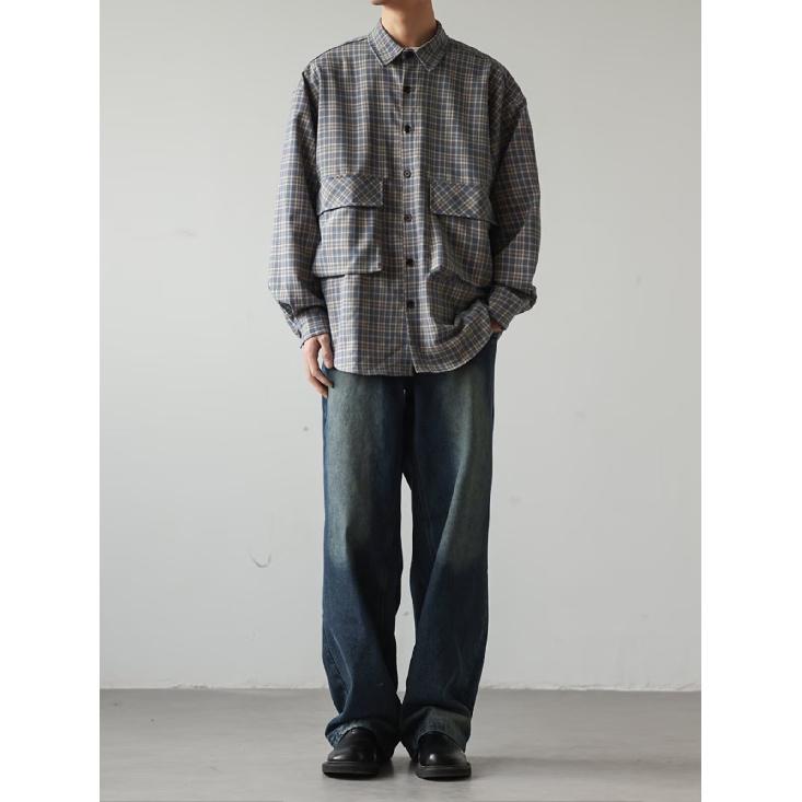 Boyue Japanese Style Large Pocket Plaid Long Sleeve Shirt College Style Casual All-Match Profile Couple Men's Coat