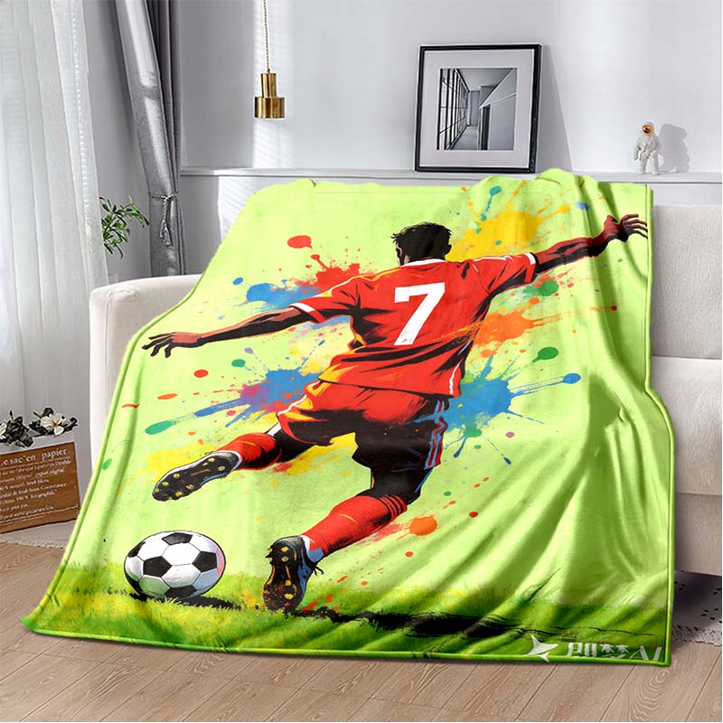 Number 7 Football Player Red Jersey Color Splash Print Flannel Blanket Soccer Athlete Green Grass Field Soft Throw Blanket Sofa Bedroom Decor Blanket