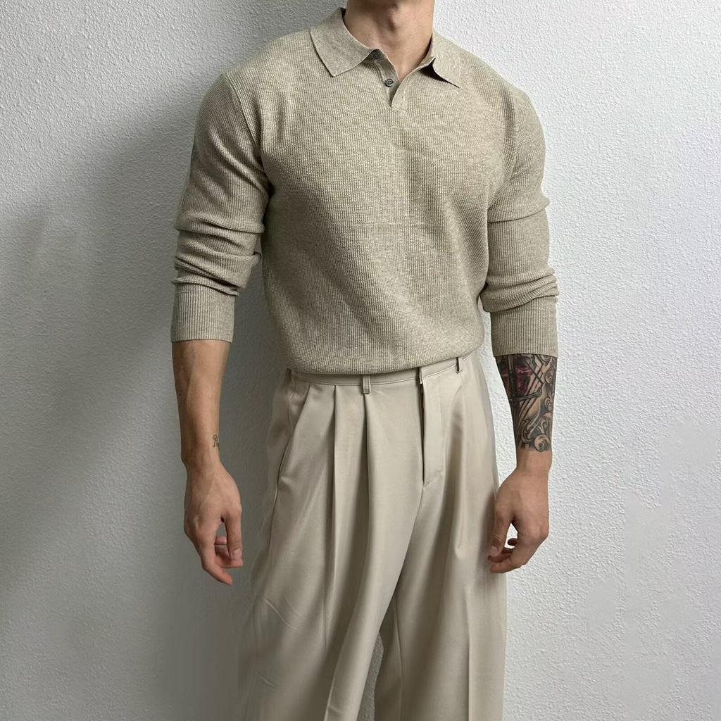 Polo en maille tendance décontracté haut de gamme pour homme à manches longues - Style coréen Printemps/Automne, Pull ample légèrement mature et polyvalent