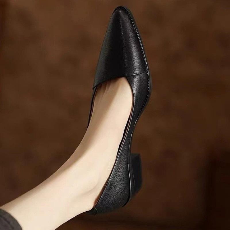 Versatile Vintage Chunky Heel Women's New Style Pointed-toe Open-toe Leather Shoes Devotion
