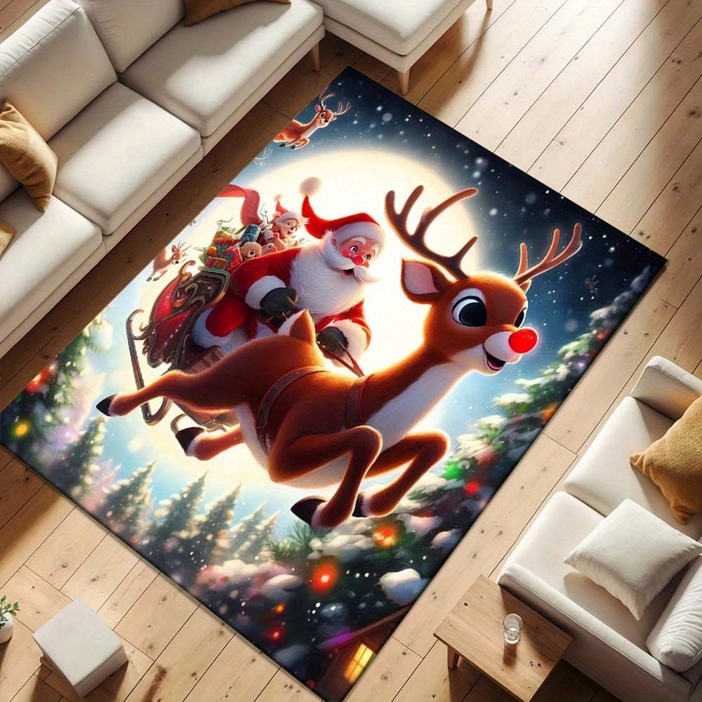 1pc Christmas Themed Rug, Cute Santa Claus and Happy Elk Print, Bedside Carpet, Non slip Laundry Room Mat, Machine Washable Water Absorbing