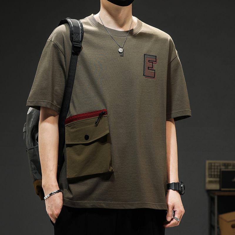 

Американские ретро-пуловеры свободного кроя с буквенным принтом, мужская одежда, вышивка, стильные карманы, вставки, летние повседневные футболки с круглым вырезом, базовые L серый