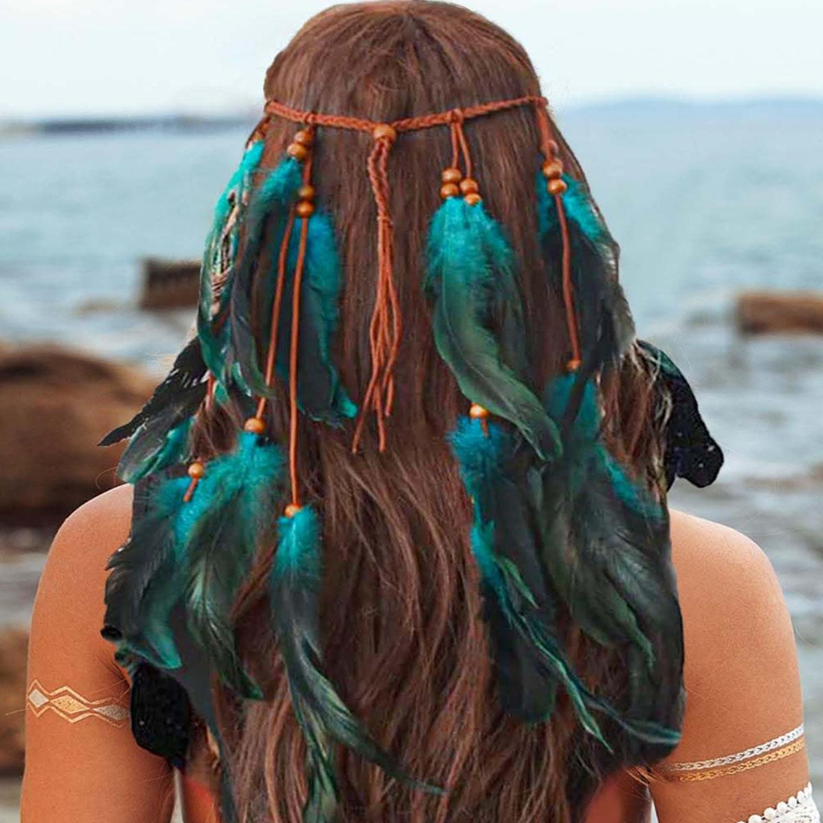 Boho Veer Hoofdband Hippie Hoofdband Zigeuner Veer Hoofddeksel Indiaas Kostuum Hoofddeksel Haaraccessoire voor Vrouwen blauw
