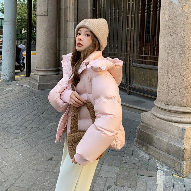 Giacca in Piuma con Cappuccio Nuova Invernale Donna Versione Coreana Ispessita Larga Temperamento Giacca a Pane