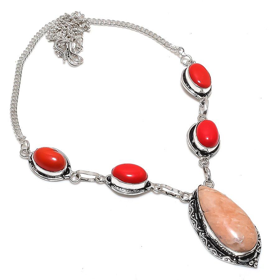 Natural Orange Aventurine, Coral 925 Sterling Silver Jewelry Necklace 18" W3U72