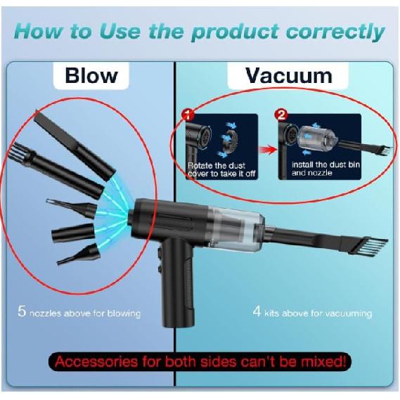 Cordless Handheld Car Vacuum, 12000Pa Strong Suction Mini Vacuum Rechargeable, Compressed Air Duster, Air Blower and Cleaner, 3-in-1 Design, 3 Gear,