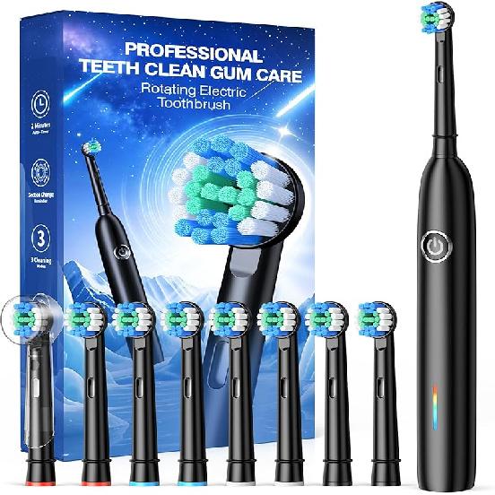 Rotating Electric Toothbrush with 8 Brush Heads for Adults and Kids, 3 Modes Rechargeable Power Toothbrush with 2-Minute Smart Timer, 45-Day Battery