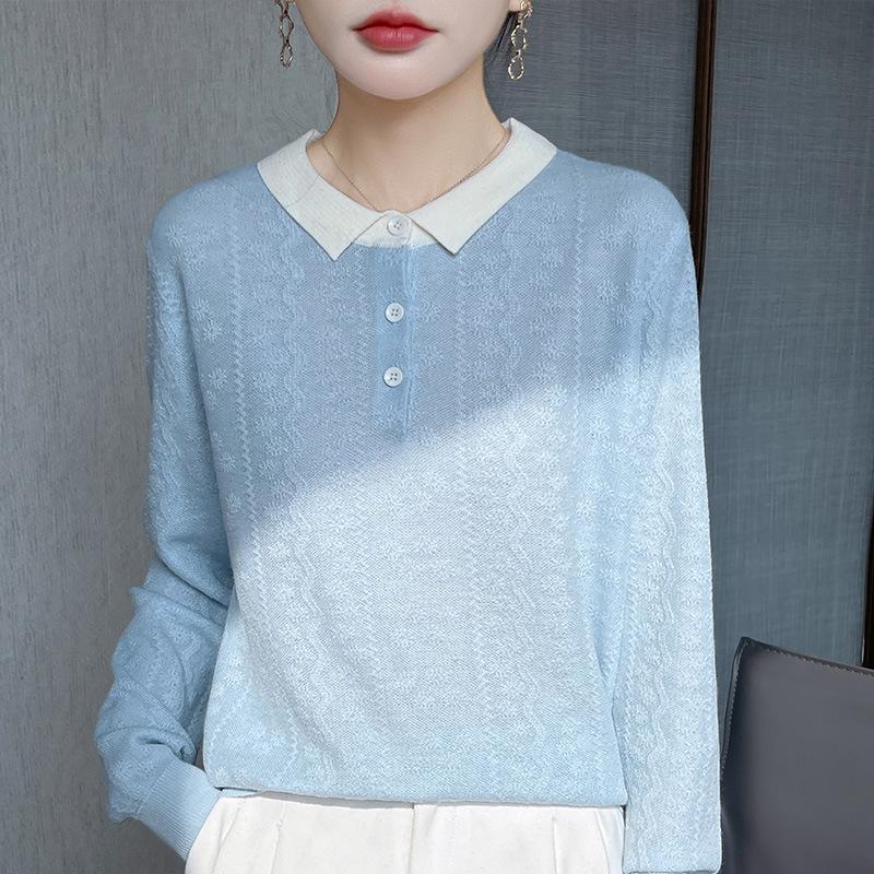 New Spring Autumn New Style Jacquard Knit Undershirt Inner Top Contrast Color Lapel Fashionable Women's Pullover Sweater