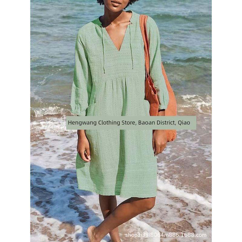 

V-neck Casual Loose Pocket Dress for Womenv Collar Casual Loose Dress Green S