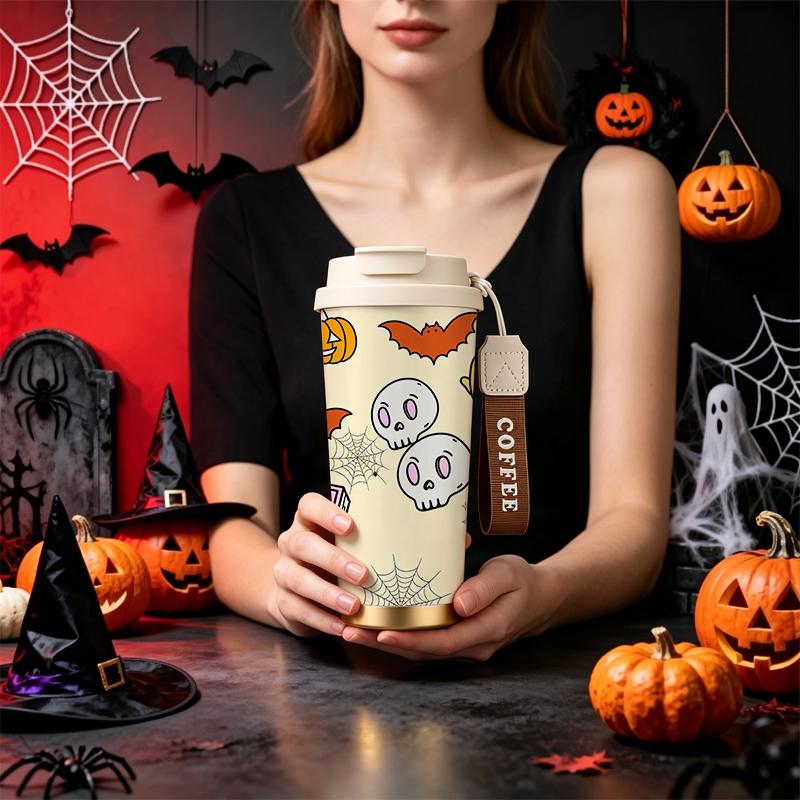 532ml Coffee Cup Halloween Pumpkin Ghost Skull Bat Web MotifFlip Lid Coffee Cup Commuter Coffee Mug Autumn Commuter Cup 532ml Coffee Cup