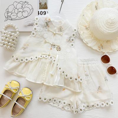 Summer Girls New Chinese Floral Sleeveless Shirt And Shorts Set Princess Casual Two Piece Outfit For Kids