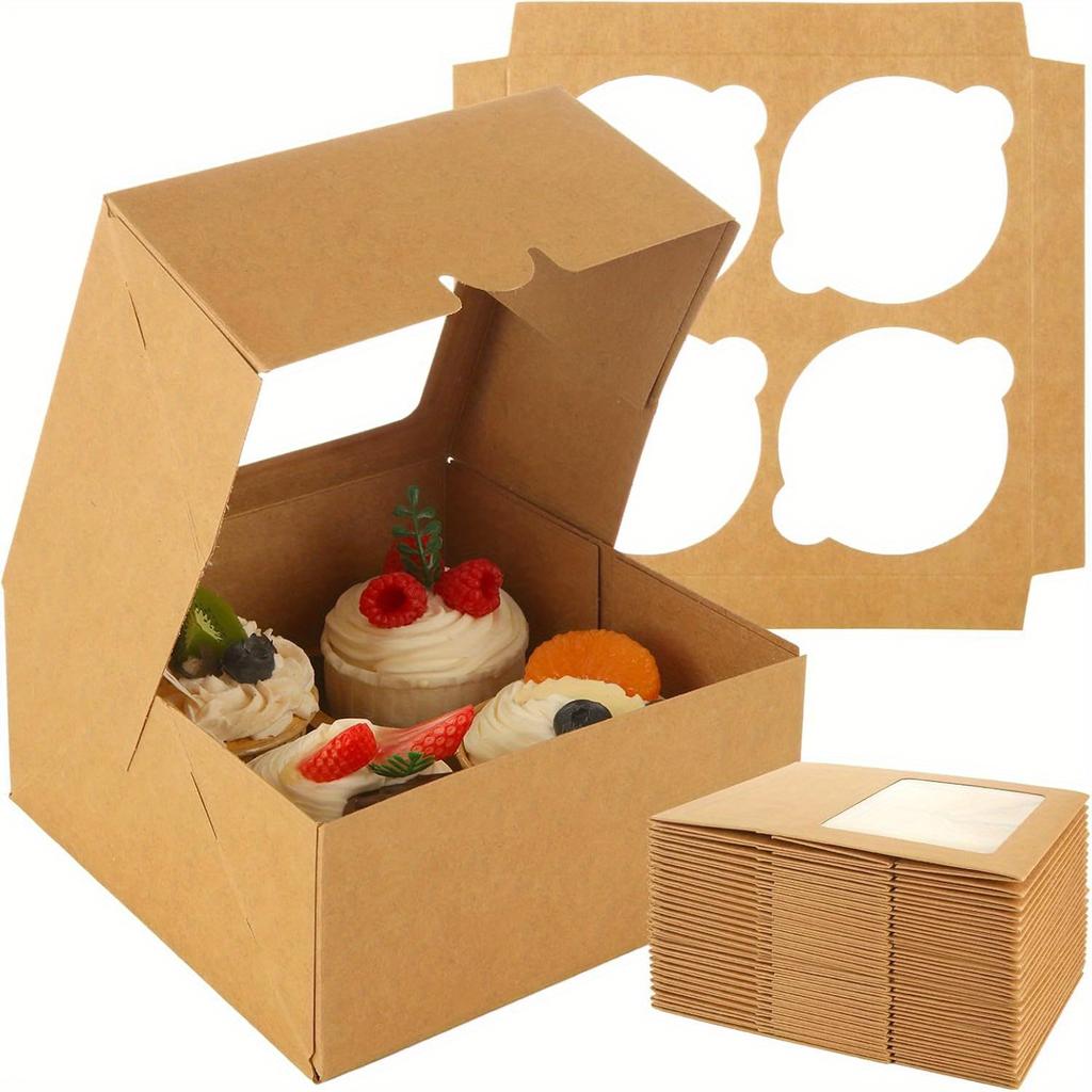 24 Stück/Packung, Cupcake-Box, die 4 Standard-Cupcakes aufnehmen kann, brauner Cupcake-Behälter mit Fenster und Einsatz, lebensmittelechtes Cupcake-Gestell