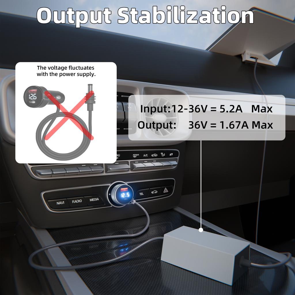Mini Cigarette Lighter Adapter USB C 3 in 1 Starlink Mini Voltage Step Up Cord 36V 1.67A Output 12V-36V Input 18 AWG