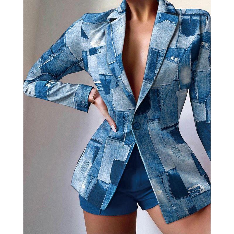 European and American Women's Clothing Fashion Suit Print Shorts Suit Long Sleeve Printed Shorts Suit