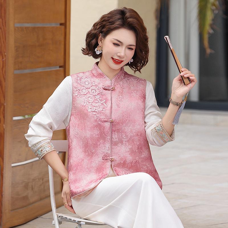 

Spring New Chinese Style Embroidered Frog Button Vest & Retro Jacquard Waistcoat Set for Women XL (suggested 45-52.5 kg)
