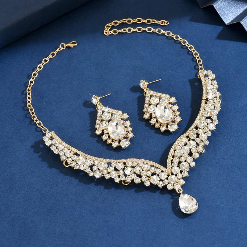 Vintage Rhinestone Statement Necklace Set Women Bold Party Jewelry With Earrings Alloy Chain Heart/Drop/Bell Pendant
