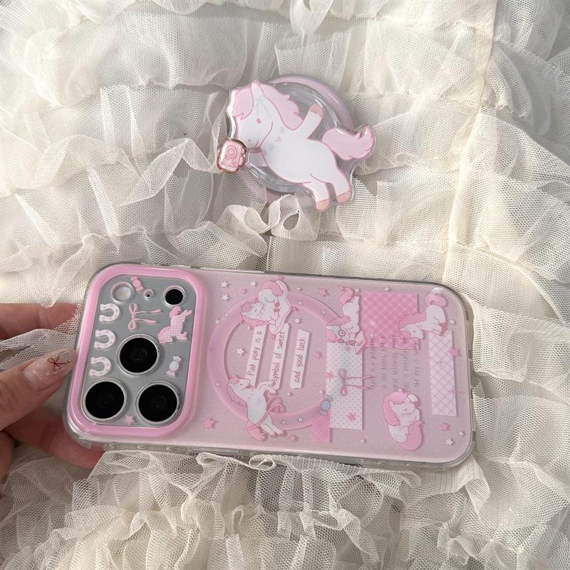 Magnetic Horse Bracket - Pink Camera Compatible with iPhone 17/16 Pro Max/15/14 Trendy Case