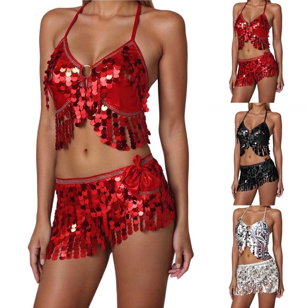 2 Pieces, Bra With Sequined Tassels, Fringed Top, Belly Dance Skirt, Carnival, Club, Costumes