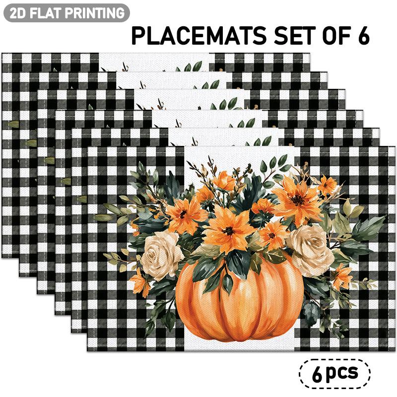 4/6pcs, Black And White Checkered Background, Orange Pumpkin And Floral Pattern Placemats, Suitable for Autumn Holiday Decor, Kitchen Table Decoration