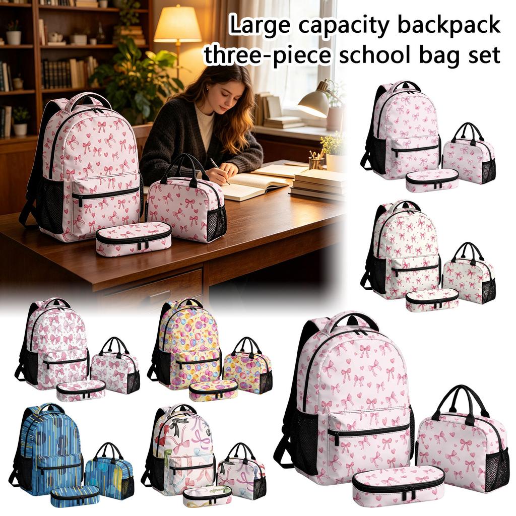 Großes Kapazitäts Kinderrucksack-Set mit - 3-teiligem Schulrucksack, Brotdose und Federmäppchen für Mädchen